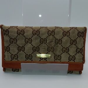 GUCCI "GG" Canvas and Brown Long Multi Pocket Wallet